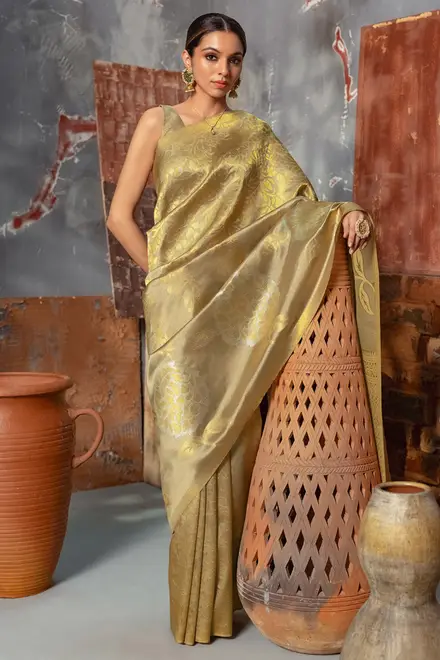 Beige Tussar Silk Saree With Zari Woven Floral And Foliage Designs